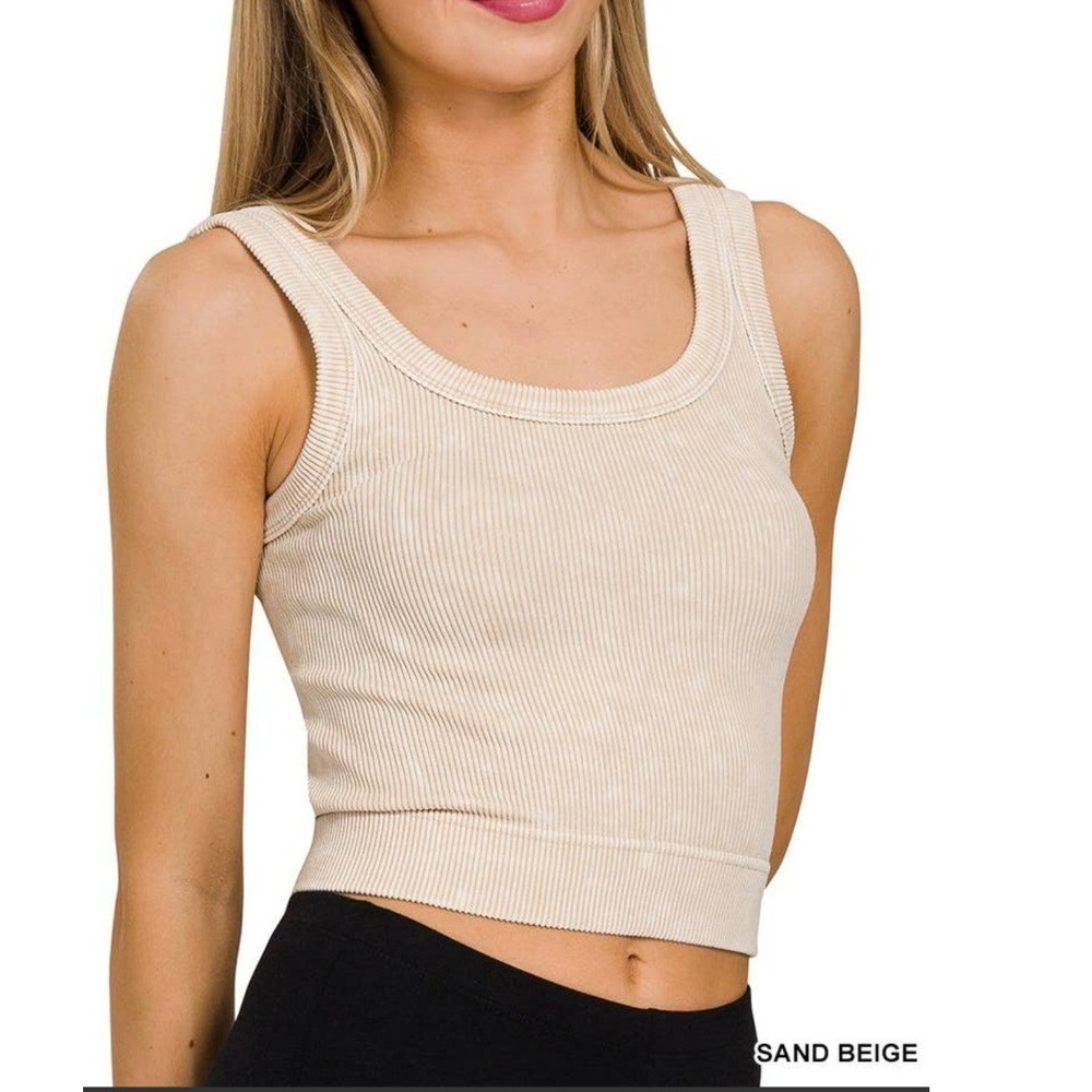 Zenana‎ Sand Beige Washed Ribbed Cropped Seamless Scoop Tank S/M NTW-6307A